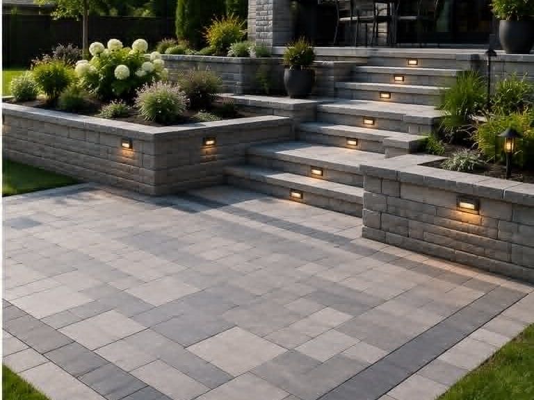 Terrasse en pavé uni bicolore avec muret de blocs texturés, escalier éclairé et plates-bandes fleuries