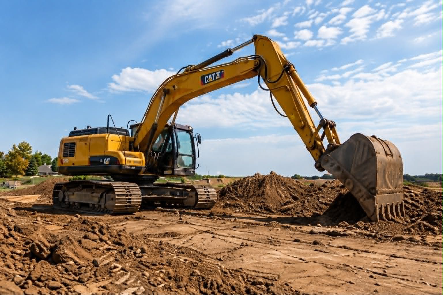 Pelle hydraulique nivelant un grand terrain avant construction sous un ciel dégagé