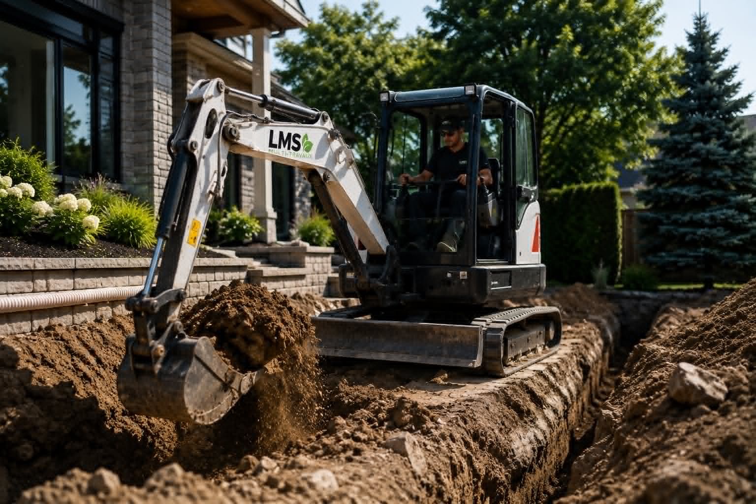 Mini-pelle LMS Multi-Travaux creusant une tranchée de drainage le long de la fondation d'une résidence