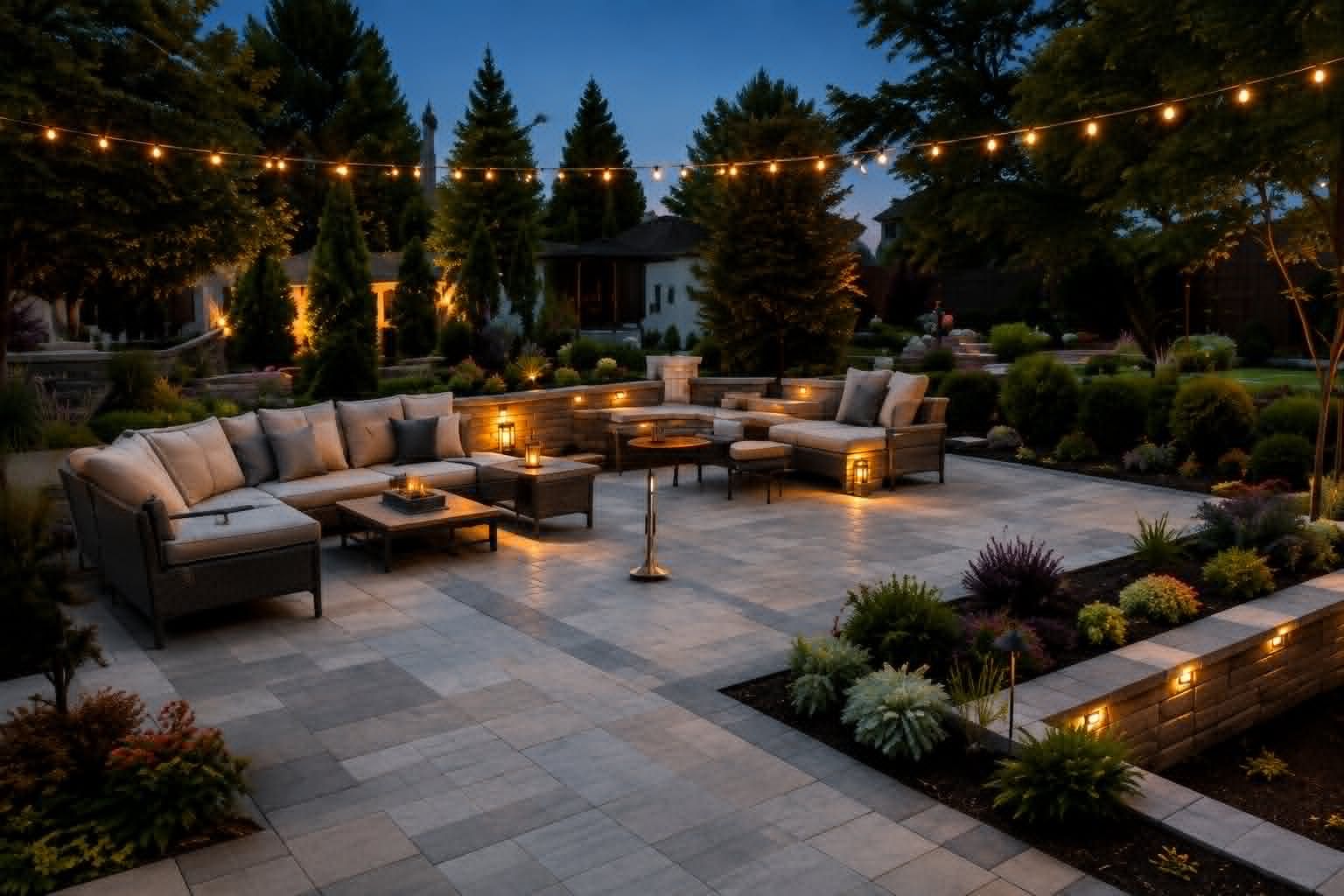 Vaste terrasse en pavé uni en soirée avec mobilier sectionnel, guirlandes lumineuses et plates-bandes éclairées