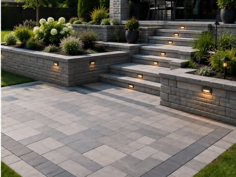 Terrasse en pavé uni bicolore avec muret de blocs texturés, escalier éclairé et plates-bandes fleuries