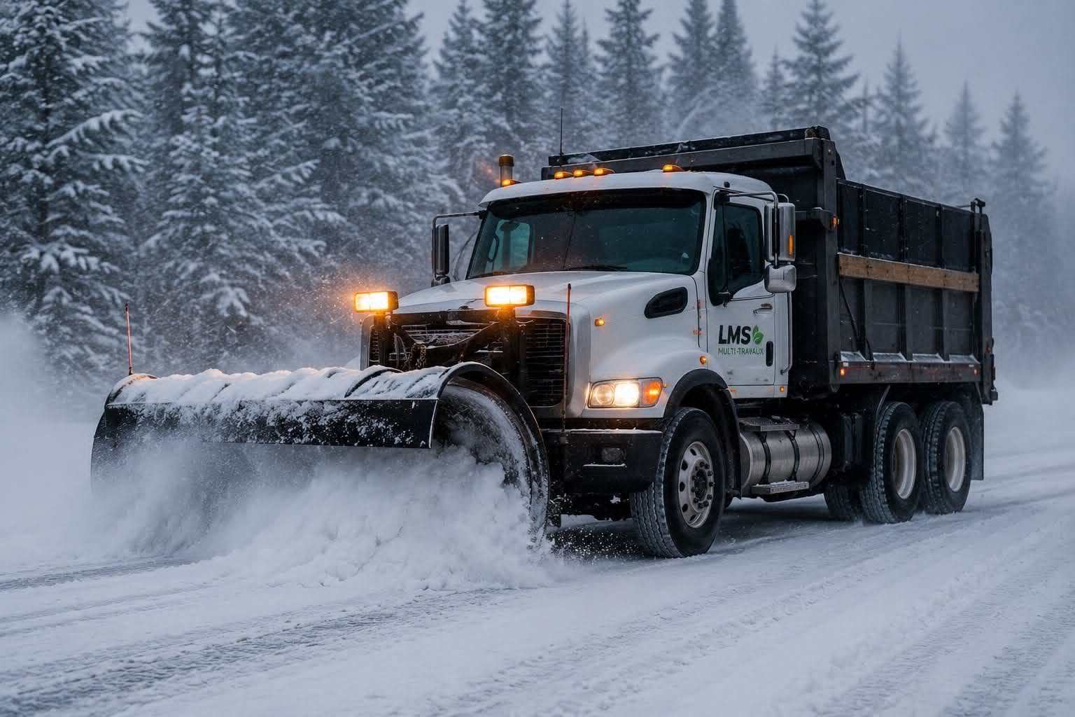 Camion de déneigement LMS Multi-Travaux repoussant la neige sur une route bordée de conifères enneigés