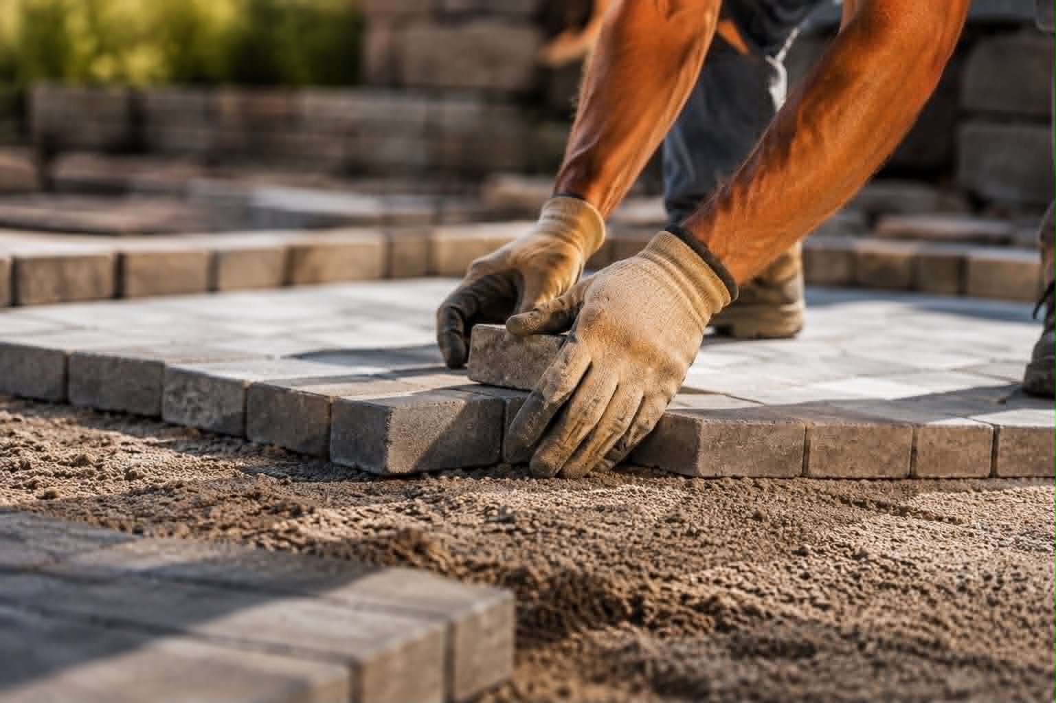Gros plan sur les mains d'un paveur posant un pavé de béton sur un lit de sable stabilisé