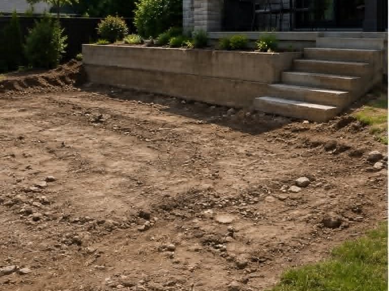 Avant les travaux : cour de terre battue avec muret de béton brut et escalier non fini